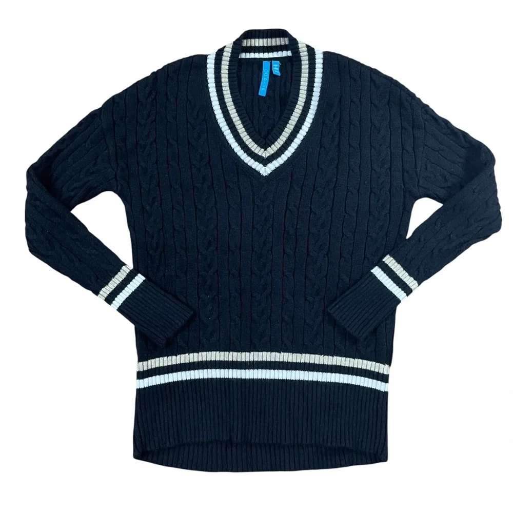 Preppy Black, White & Tan V-Neck‎ Sweater Soft & Stretchy Sz. XS